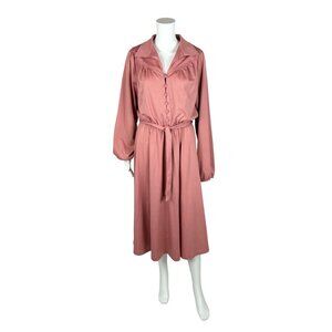 Vintage 70s Day Dress Women's Medium Rose Pink Fit & Flare Long Sleeves Sears